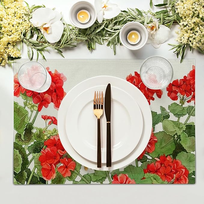 Geranium Placemats 12×18 Inches Set of 4 Spring Summer Floral Seasonal Indoor Kitchen Dining Table Place Mats for Home Party Decoration