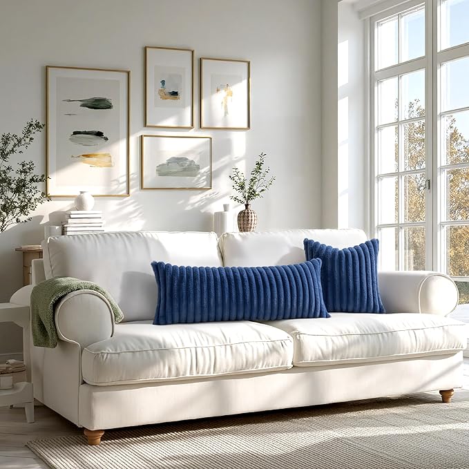 MIULEE Faux Fur Lumbar Decorative Throw Pillow Covers 12x20 Inch Set of 2, Coastal Modern Art Home Decor Soft Plush Couch Pillows Cozy Fluffy Cushion Covers for Sofa Bed Navy Blue