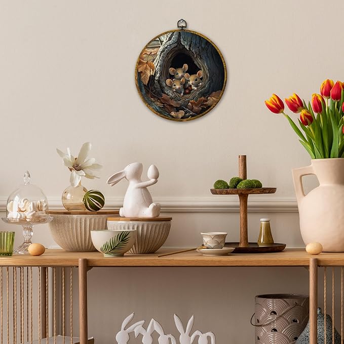 Mcehtle Fall Rat Wall Art Decor, Retro Cottagecore Autumn Mouse Maple Leaf Framed Canvas Prints 10x10, Rustic Country Animal Farmhouse Round Wall Hanging Artwork Decorations for Bedroom Living Room