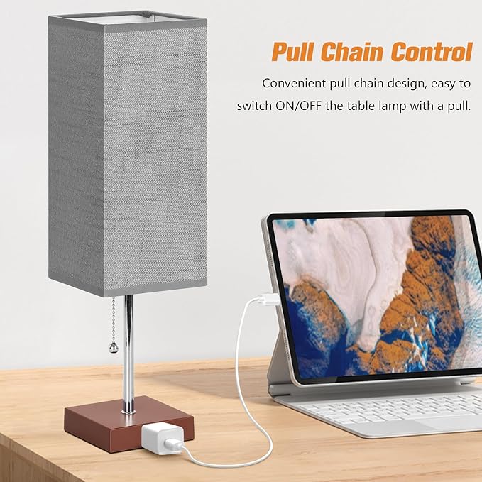 Table Lamp for Bedroom Set of 2, Bedside Lamps with 3 Color Temperatures Night Light, Lamp for Night Stands with AC Outlet and Square Shade, Pull Chain Small Desk Lamp for Living Room Home Decor