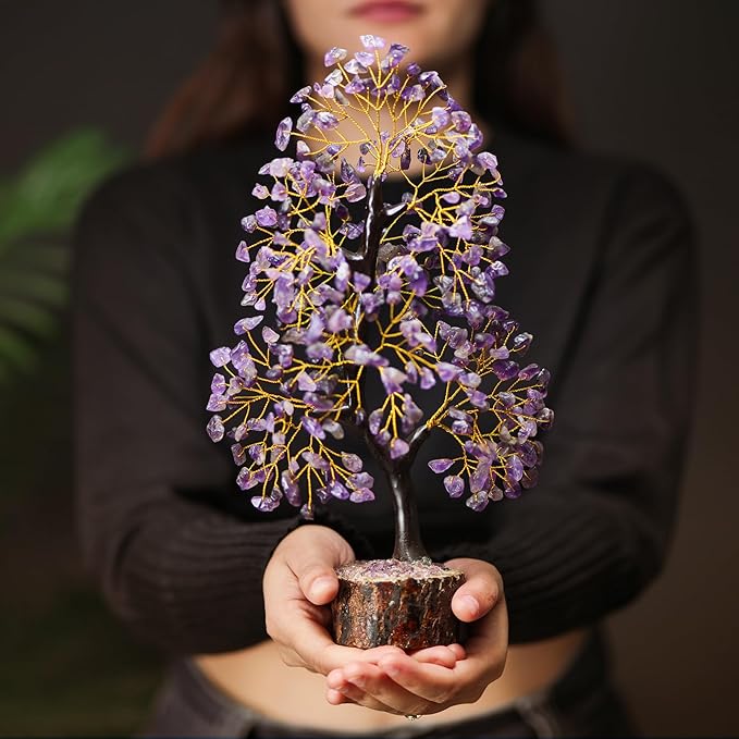 Amethyst Crystal Tree of Life with 2 Chakra Pendants, Gemstone Tree for Positive Energy, Birthday Gift for Women, Office Decor, Crystals and Healing Stones 10-12"