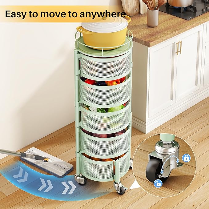 SNTD Fruit and Vegetable Basket Bowls for Kitchen with Metal Top Lid, 5 Tier Rotating Storage Rack Cart for Potato Onion Bread Banana, Wire Basket Organizer on Wheels, Large (Green)