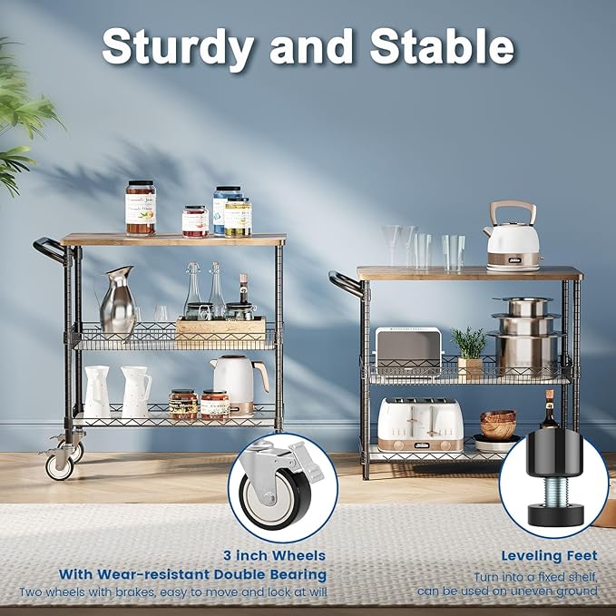 Leteuke Rolling Kitchen Carts with Wheels, 34" L x 17.5" W, 3-Tier Heavy Duty Utility Cart with Wood Tabletop, NSF Commercial Metal Serving Cart with Handle and Shelf Liner for Kitchen, Black