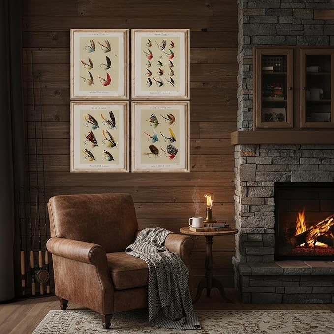 Vintage Fly Fishing Art Prints (Set of 4) - Unframed - 11x14 | Great Gift for Fisherman - Reproductions of Vintage Fishing Lure Drawings - Rustic Decor