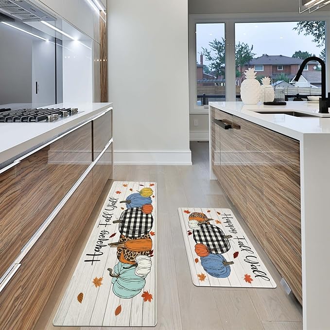 SHACOS 2 Pcs Fall Anti Fatigue Kitchen Mats Pumpkins Autumn Fall Rugs Happy Fall Y’All Non Slip Cushioned Comfort Floor Mat for Kitchen Fall Home Decor Ergonomic Standing Mats, 17x27.5+17x47, Pumpkin
