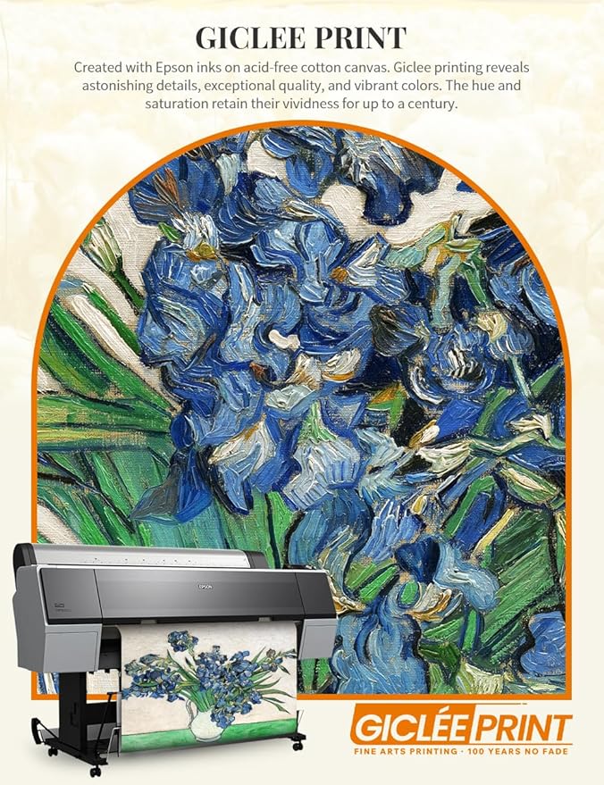 DECORARTS - Vase with Irises 1889 by Vincent Van Gogh Art Reproduction. Oversize Solid Wooden Frame Matching with Giclee Prints Canvas Wall Art. Total framed size: 43x35