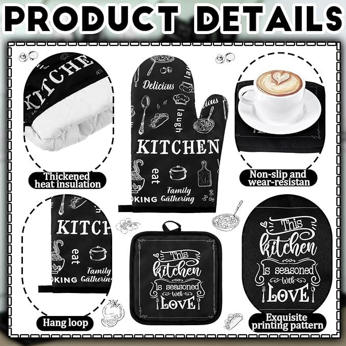10 Pcs Farmhouse Kitchen Decor Sets, 4 Kitchen Dish Towels 2 Pot Holders 2 Oven Mitts Glove Rustic Black Non Slip Rugs and Mats for Floor Home Decorations Accessories Christmas Mom Gifts