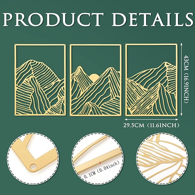 Peryiter 3 Pcs Metal Wall Art Decor Landscape Mountain Wall Hanging Decor for Living Room Abstract Minimalist Modern Mountain Line Pictures Summer Bathroom Office Home Gifts Indoor(Gold)