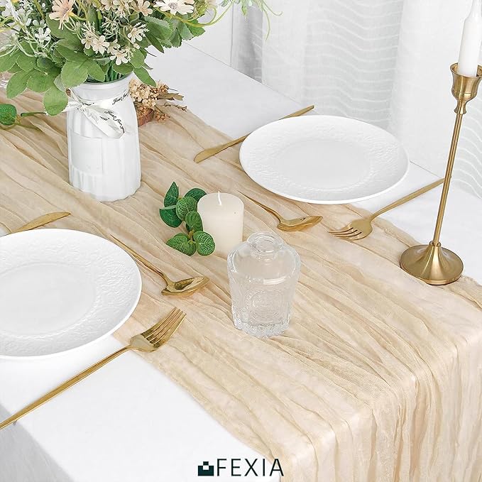 FEXIA Beige Cheesecloth Table Runner 35x120 Inches Ivory Gauze Rustic Boho Spring Easter Table Runner for Engagement Party Decorations Bridal Shower Wedding Party First Communion Centerpiece
