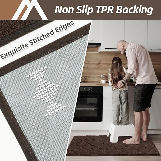 COSY HOMEER-Kitchen-Rugs 20"x48" Non-Slip Absorbent Soft Kitchen Runner Rug Polyester Kitchen Mats for Floor Washable Kitchen Standing Floor Mat for Sink Mat,Hallway,Laundry,Brown