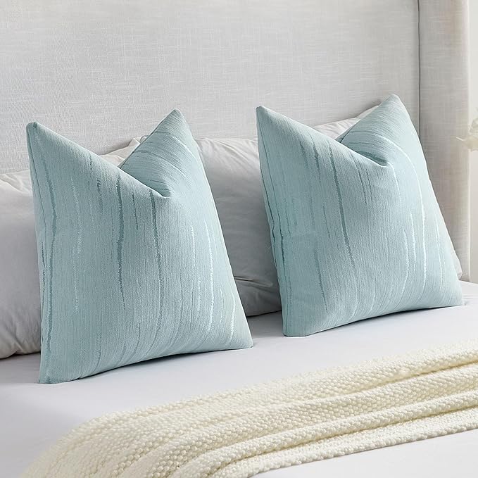 FUTEI Light Blue Chenille Decorative Throw Pillow Covers 18x18 Inch Set of 2,Soft Embossed Striped Textured Cushion Case,Modern Home Decor for Couch Bed Living Room