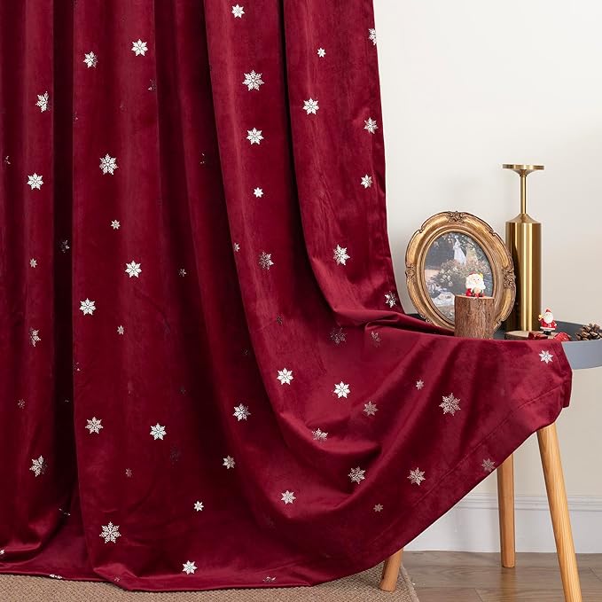 BGment Christmas Velvet Curtains with Snow Silver Printed 90 Inches Long, Elegant Thermal Insulated Blackout Back Tab and Rod Pocket Curtains for Living Room, 2 Panels, 52 x 90 Inch, Burgundy Red