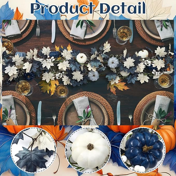 Zeyune 6ft Fall Blue Garland Decor Long Thanksgiving Garland with Pumpkin Autumn Maple Leaves White and Blue Pumpkins Wreath Hanging Rustic Decor for Front Door Kitchen Fireplace Home Indoor Outdoor