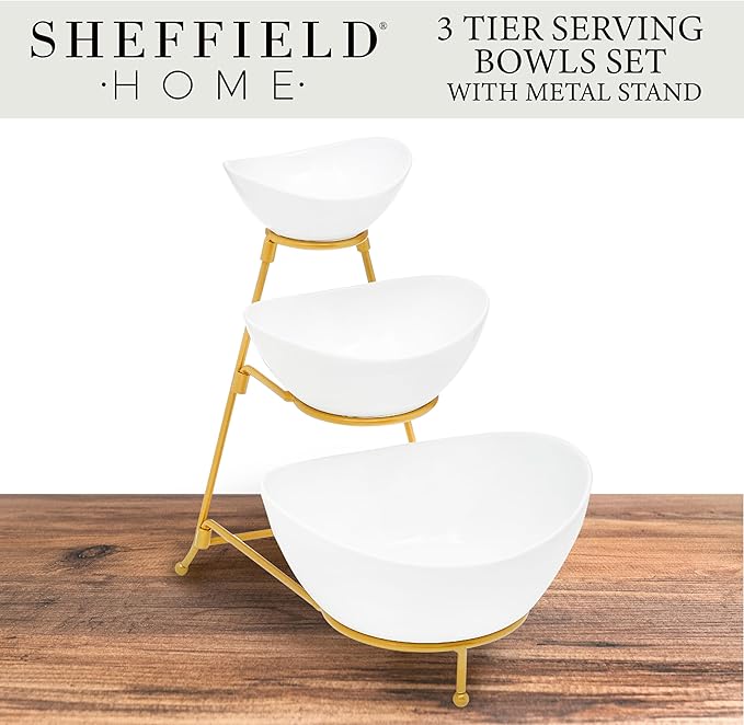 3 Tier Large Serving Bowls Set - Microwave & Dishwasher Safe Stoneware Fruit Bowl with Collapsible Gold Metal Stand - Bowls for Kitchen, Dinner Parties, Desserts, Chip and Dip & Side Dishes (White)