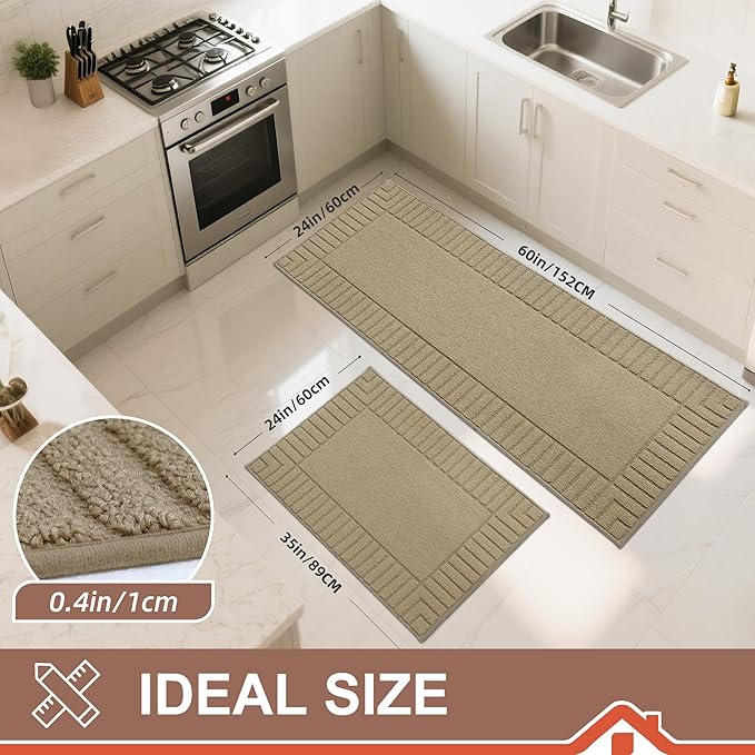 BEQHAUSE Kitchen-Rugs-and-Mats,Anti-Slip Kitchen Rugs,Machine Washable Kitchen Mats for Floor Taupe Comfortable Kitchen Mat Set of 2 with TPR Backing 24x35inch/24x60inch