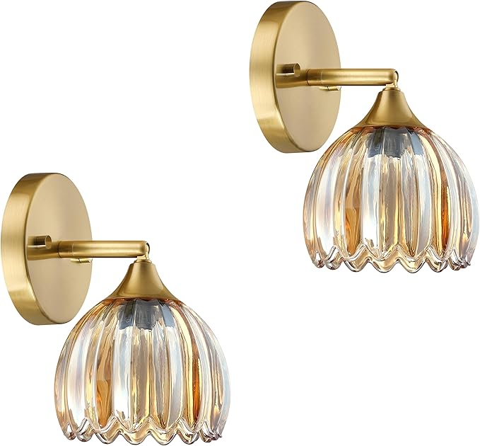2 Pack 1 Light Vintage Wall Sconces Tulip Amber Glass Lampshade Hradwired Modern Gold Wall Lighting Fixture for Bedside Bedroom Doorway