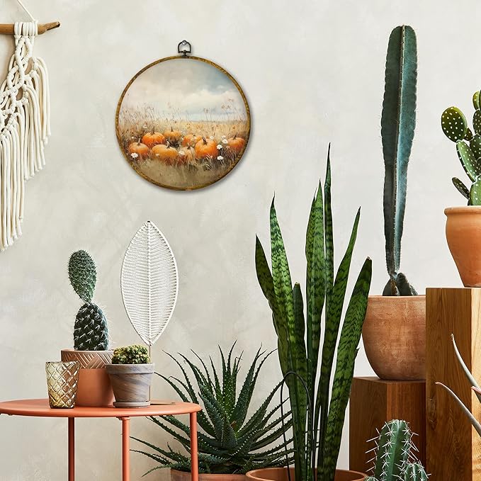 Mcehtle Vintage Fall Pumpkin Wall Art Decor, Rustic Autumn Wildflower Field Landscape Framed Canvas Prints 10x10, Countr Farmhouse Round Wall Hanging Artwork Decorations for Bedroom Living Room Home