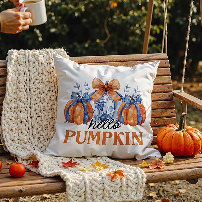 Chinoiserie Fall Pumpkin Pillow Covers 18x18,Autumn Decor,Blue and White Orange Chinoiserie Pumpkin Decorative Throw Pillow Covers for Home Bedroom Living Room