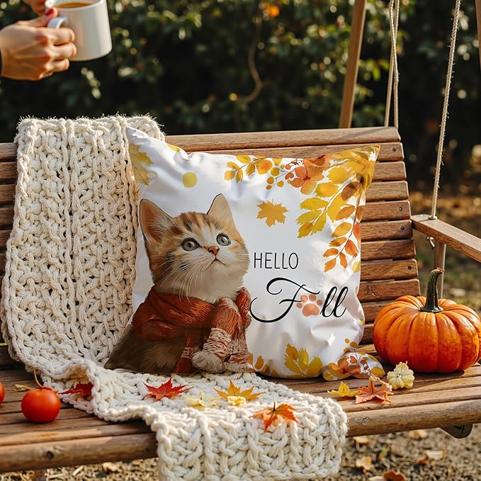 Fall Cat Pillow Covers 18x18, Cat Home Room Decor, Fall Autumn Maple Leaves Cute Kitty Kitten Decorative Throw Pillow Covers for Home Bedroom Living Room