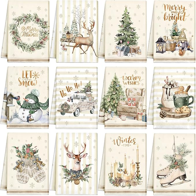 12 Pcs Christmas Kitchen Towels and Dishcloths Absorbent Christmas Tree Reindeer Truck Hand Dish Towels Decoration for Xmas Home Gift Supplies, 14.2 x 21.3 Inch(Cute Style)