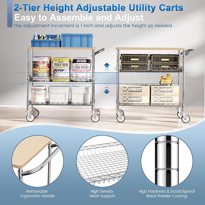 Leteuke Rolling Kitchen Carts with Wheels, 34" L x 17.5" W, 3-Tier Heavy Duty Utility Cart with Wood Tabletop, NSF Commercial Metal Serving Cart with Handle and Shelf Liner for Kitchen, Chrome
