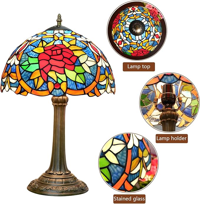 Tiffany Lamp 12 Inch Tiffany Style Red Rose Retro Bedside Lamp Stained Glass Table Lamp Suitable For Bedrooms Hotels Restaurants Dormitories Vintage Antiques Home Decoration Art And Craft Gifts