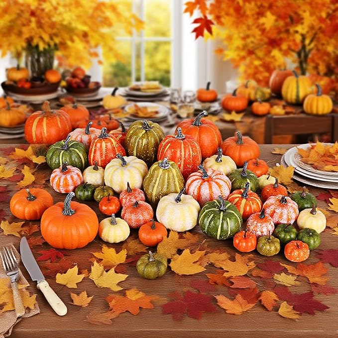 winemana 46 Pcs Assorted Size Artificial Pumpkins Fall Decorations, Mixed-Color Foam Pumpkin Autumn Decor, Decorative Faux Pumpkin for Thanksgiving Table Centerpiece Mantle Bowl Wedding Party
