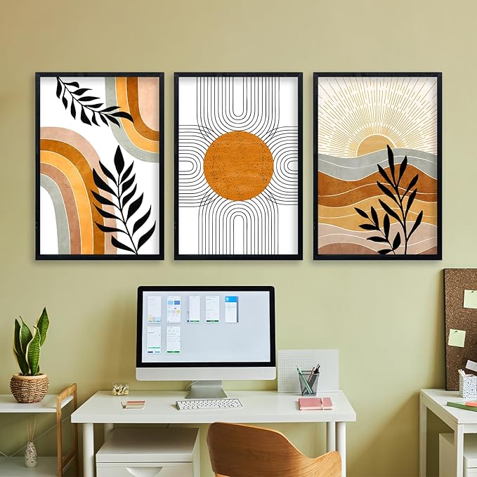 Geometric Sun Desert Plant Wall Art 16"x11" Set Of 3 Boho Wooden Framed Abstract Minimalist Sign Living Room Aesthetics Botanical Nature Illustrations Bedroom Office Wall Hanging Decor (Black)