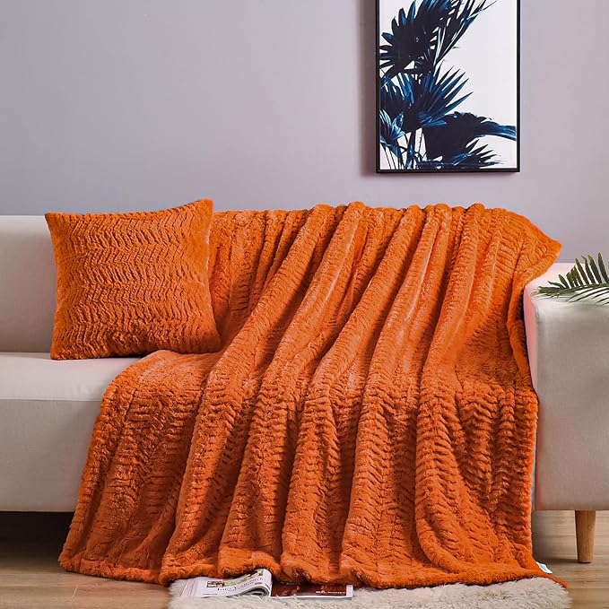 YUSOKI Luxury Faux Fur Throw Blanket(Without Pillows) 2 Layers,3lb,All Ages,Home Decoration, (Burnt Orange,50" x 63")