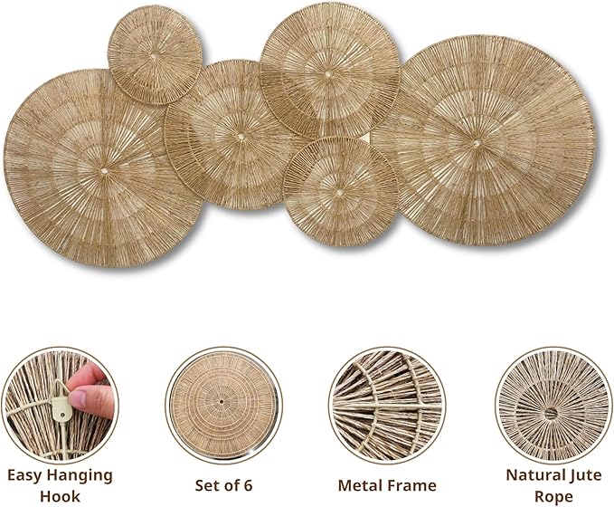 21.6 inch Wicker Wall Decor Set – Boho Wall Basket Decor with Jute Rope, Large Circle Wall Baskets, Natural Woven Wall Art for Living Room Bedroom, Decorative Seagrass Wall Hanging