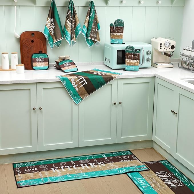 10 Pcs Farmhouse Kitchen Decor Sets, 4 Green Kitchen Dish Towels 2 Teal Pot Holders 2 Oven Mitts Glove Brown Rustic Non Slip Rugs and Mats for Floor Home Decorations Accessories Christmas Mom Gifts
