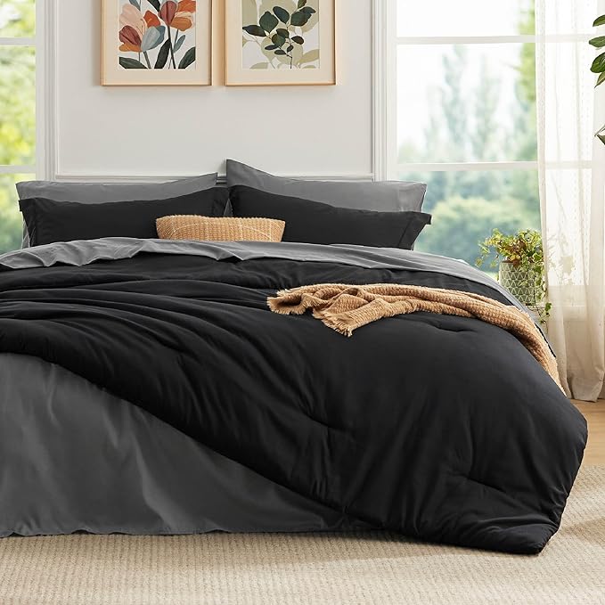 Bedsure Twin XL Comforter Set - Extra Long 5 Pieces Black Twin XL Bedding Set for All Seasons, Boho Contrasting Design Bed in a Bag with Comforter, Sheets, Pillowcase & Sham
