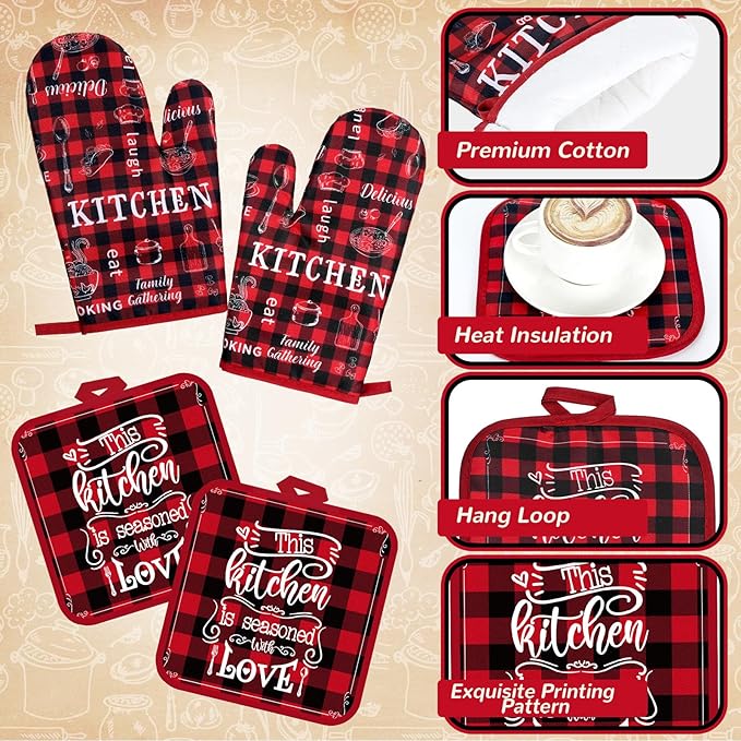 10 Pcs Farmhouse Kitchen Set, Kitchen Towels and Dishcloths Rugs Mats for Floor Oven Mitts and Pot Holders Sets Rustic Hand Towels for Home Decorations Gifts (Red and Black,Retro)
