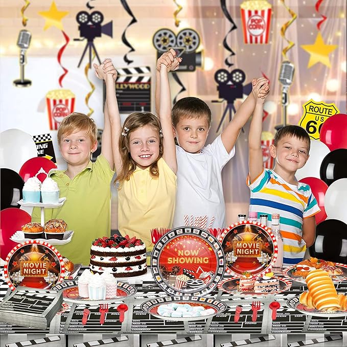 180Pcs Movie Night Party Supplies Paper Plates and Napkins Serve 60 Disposable Tableware Set for Birthday Party Decorations Game Day Family School Holiday Sports Events