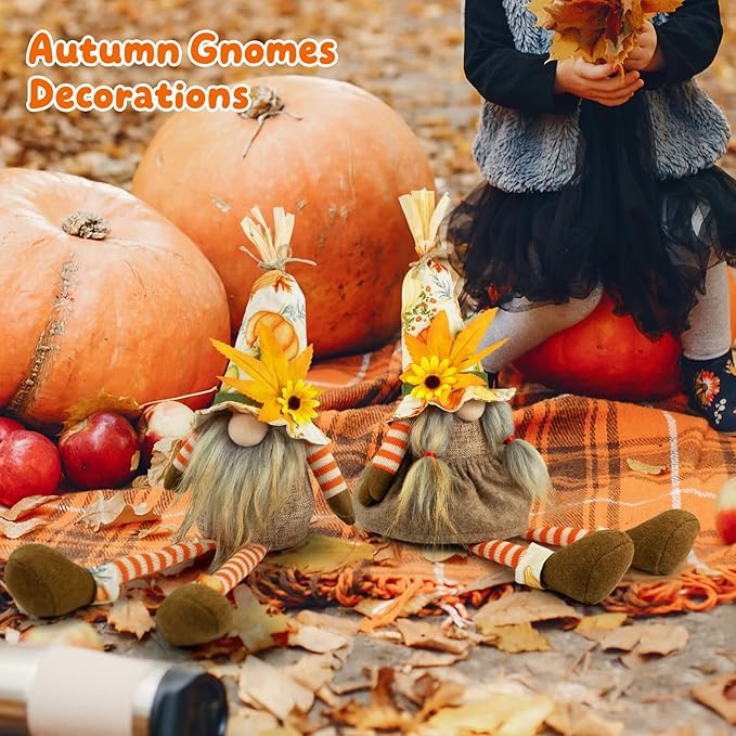 Thanksgiving Decorations – 2PCS Fall Gnomes Plush Shelf Sitters with Dangling Legs, Harvest Gnome Couple for Table Decor, Tiered Tray, Farmhouse Gnomes Gifts for Women