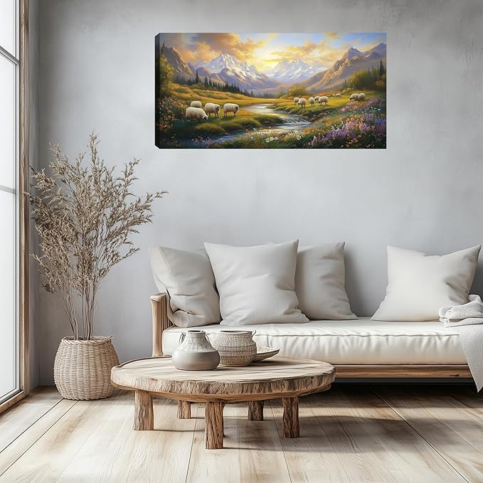 Kuiluuye Large Mountains Rivers Wall Art Wildflowers Rural Landscape Wall Art Painting Pictures Canvas Art Prints Countryside Wall Decor for Bedroom Farmhouse Living Room 48L x 24W