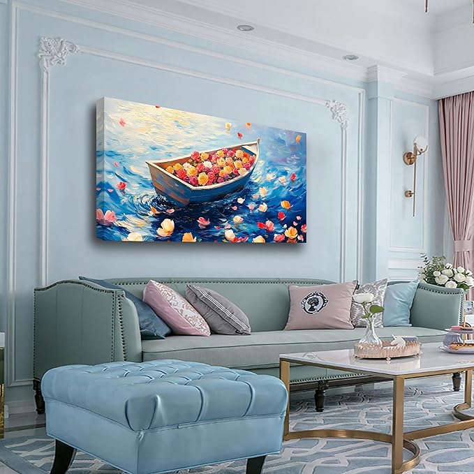 Flowers Boat Oil Pictures Wall Art Bedroom Wall Decor Living Room,Ocean Canvas Wall Art Office Farmhouse Paintings Artwork Modern Rose Colorful Flower Petals Blue Sea Waves Wall Art Prints 20 * 40inch