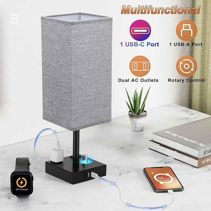 Gray Fully Dimmable Nightstand Lamps Set of 2 - Table Bedside Lamp with USB C+A Charging Ports & 2 AC Outlets, Square Lamp Sets Linen Fabric Shade for Bedroom Living Room(Bulb Included)