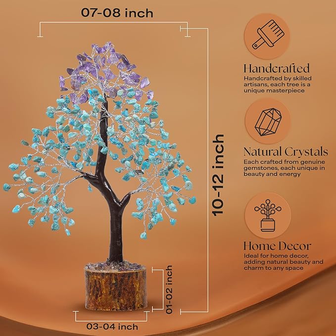Amethyst & Turquoise Gemstone Tree with 2 Chakra Pendants, Crystal Tree, Fake Plants Home Decor, Birthday Gifts for Women, Office Desk Accessories, Crystals and Healing Stones, Room Decor