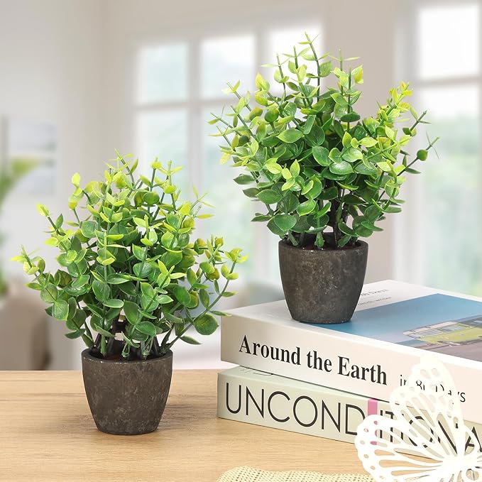 2 Pack Fake Plants Ceramic Mini Artificial Greenery Potted Plants for Home Decor Office Decor Room Decor Farmhouse Decor Indoor Table Bathroom Decor