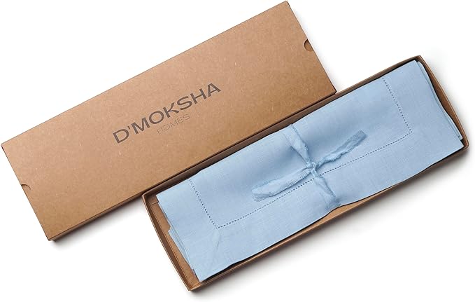 D'Moksha Homes Powder Blue Linen Cloth Placemats Set of 4-100% Pure Linen Hemstitch Placemats 14 x 19 Inch - Classic Hemstitch Table Place Mats for Fall, Halloween - Handcrafted and Machine Washable