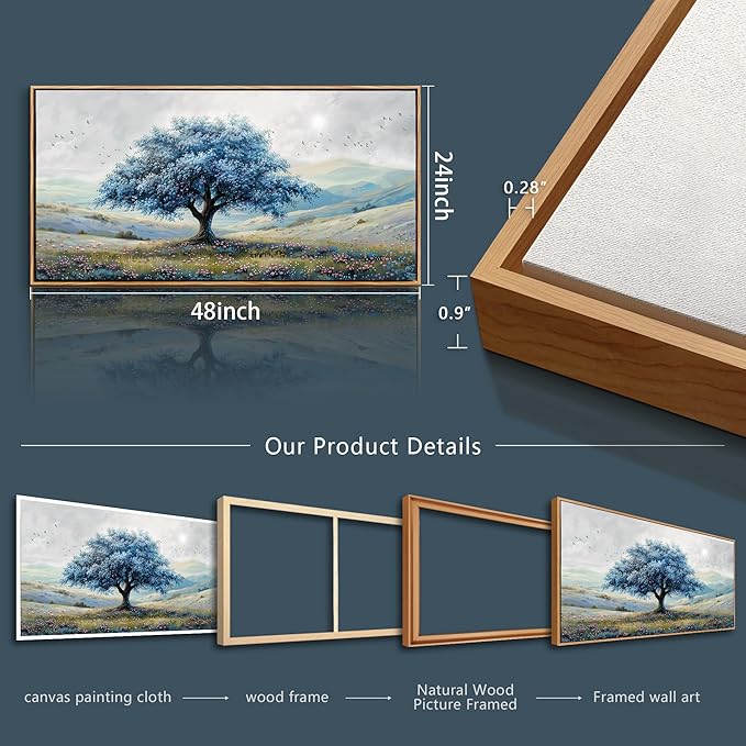 ZUITINGHUA Large Wood Framed Wall Decor For Living Room Canvas Wall Art For Office Modern Wall Decorations For Bedroom Blue Tree Landscape Painting Farmhouse Pictures Artwork Home Decor 24x48 In