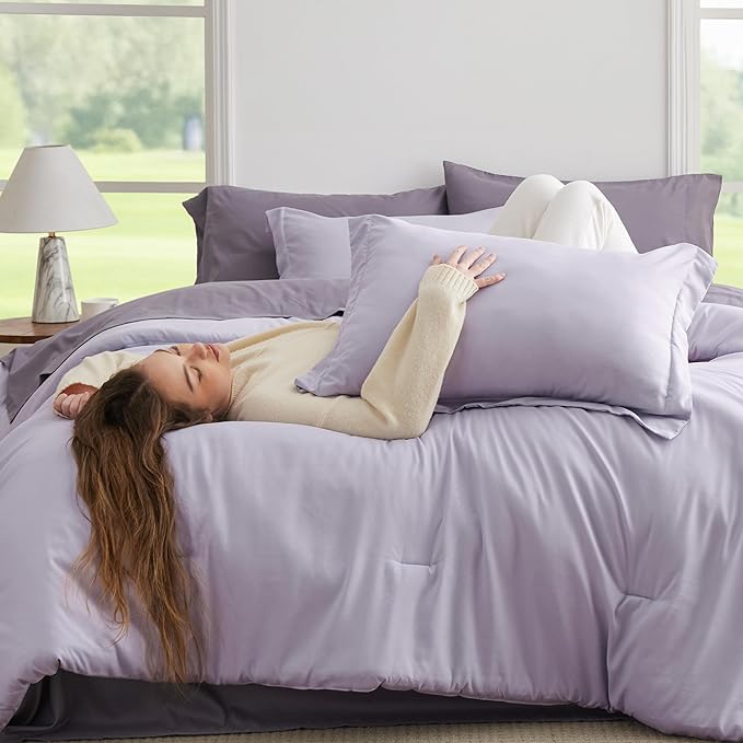 Bedsure King Size Comforter Set - 7 Pieces Lavender King Bedding Set for All Seasons, Boho Contrasting Design Bed in a Bag with Comforter, Sheets, Pillowcases & Shams