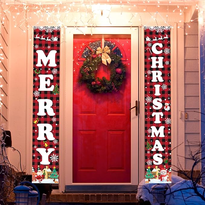 Christmas Decorations Red Black Buffalo Plaid Banner Xmas Porch Door Sign Welcome Banner for Wall Home Party Decor Merry Christmas Decorations Indoor Outdoor
