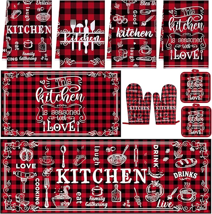 10 Pcs Farmhouse Kitchen Set, Kitchen Towels and Dishcloths Rugs Mats for Floor Oven Mitts and Pot Holders Sets Rustic Hand Towels for Home Decorations Gifts (Red and Black,Retro)