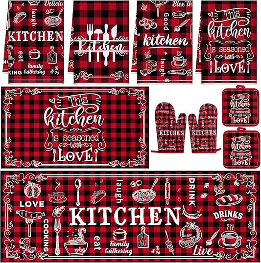 10 Pcs Farmhouse Kitchen Set, Kitchen Towels and Dishcloths Rugs Mats for Floor Oven Mitts and Pot Holders Sets Rustic Hand Towels for Home Decorations Gifts (Red and Black,Retro)