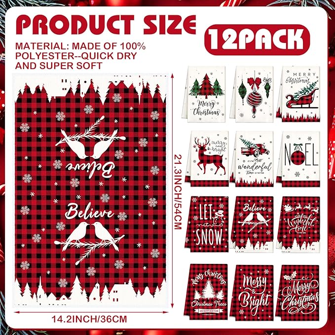 12 Pcs Christmas Kitchen Towels and Dishcloths Absorbent Christmas Tree Reindeer Truck Hand Dish Towels Decoration for Xmas Home Gift Supplies, 14.2 x 21.3 Inch(Buffalo Plaid)