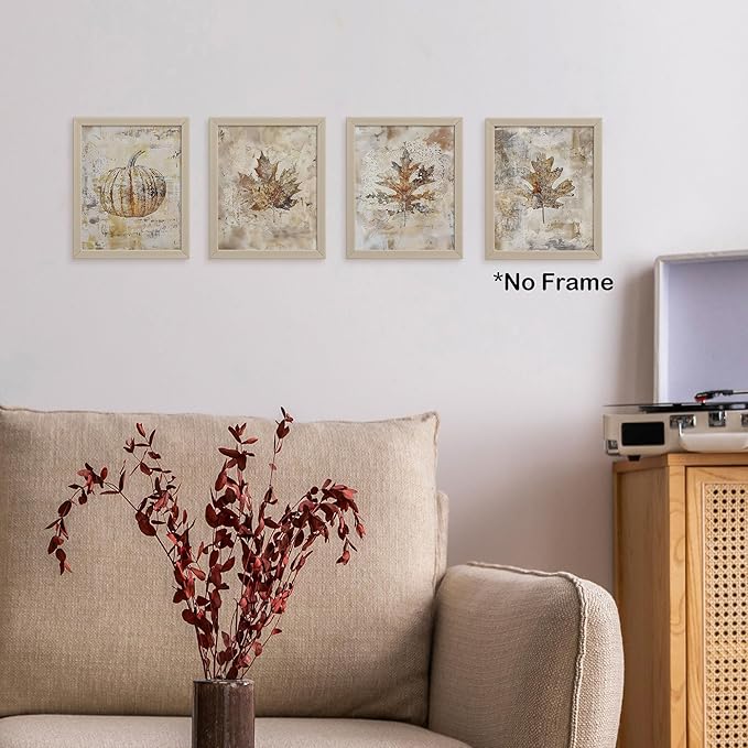 TLESKE Vintage Fall Leaves Pumpkin Posters Prints Unframed 8x10 Set of 4, Autumn Rutsic Maple Oak Leaf Wall Art Prints Decor for Farmhouse Bedroom Living Room, Thanksgiving Wall Pictures