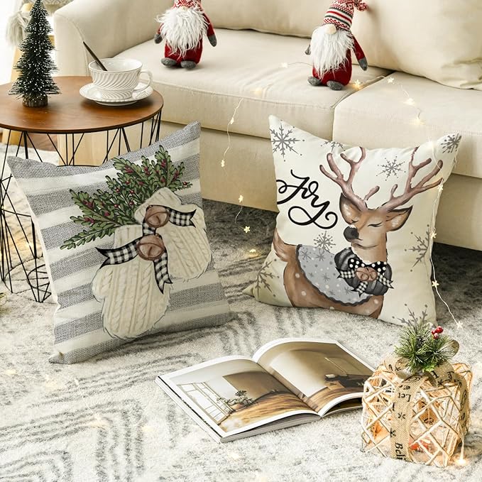 AVOIN colorlife Christmas Snowman Reindeer Gloves Eucalyptus Throw Pillow Covers, 20 x 20 Inch Winter Holiday Stripes Cushion Case Decoration for Sofa Couch Set of 4