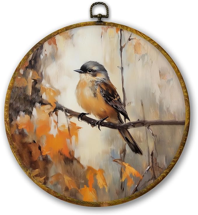 Mcehtle Vintage Fall Bird Wall Art Decor, Rustic Autumn Bird on Branch Framed Canvas Prints 10x10, Retro Thanksgiving Farmhouse Round Wall Hanging Artwork Decorations for Home Bedroom Gallery